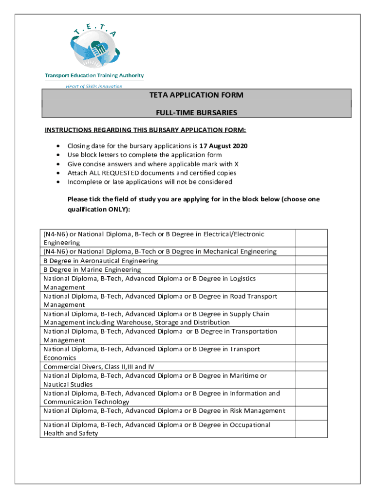 Fillable Online Teta Bursaries Application Forms Pdf Fax Email Print