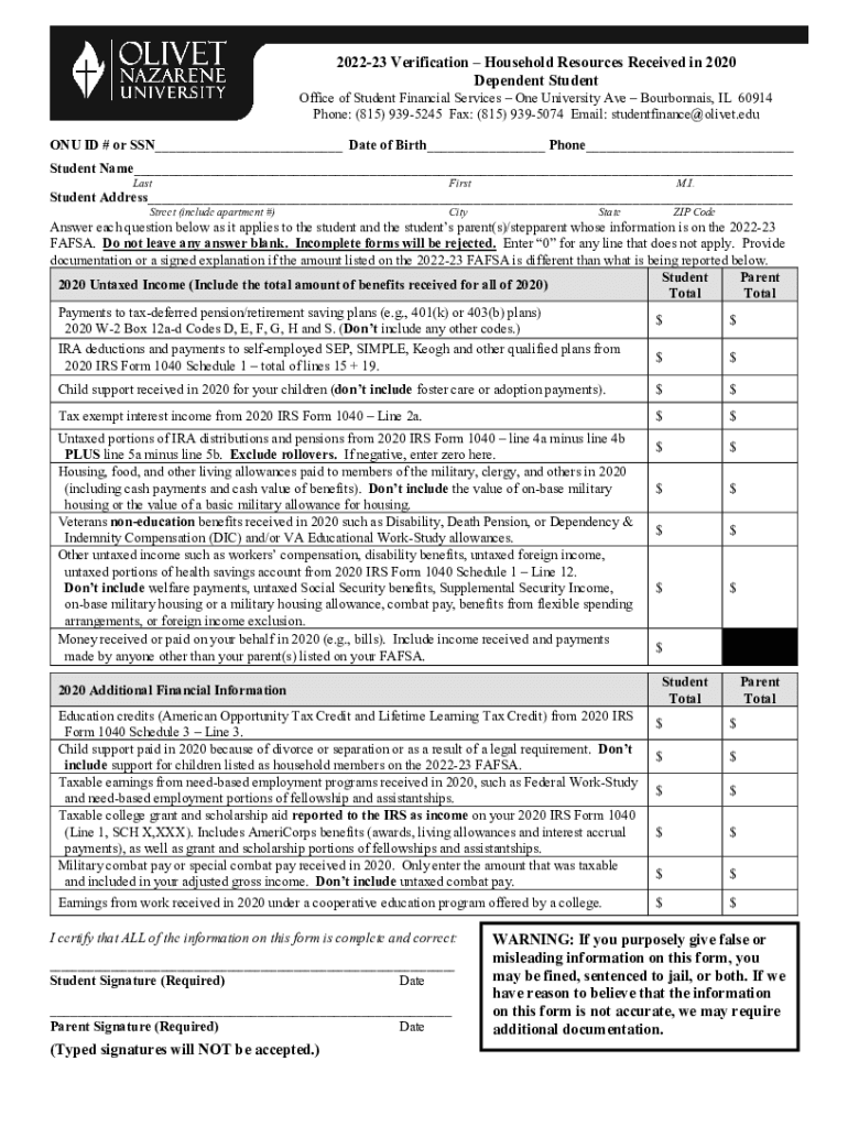 Fillable Online Olivet Nazarene University Tuition and Acceptance