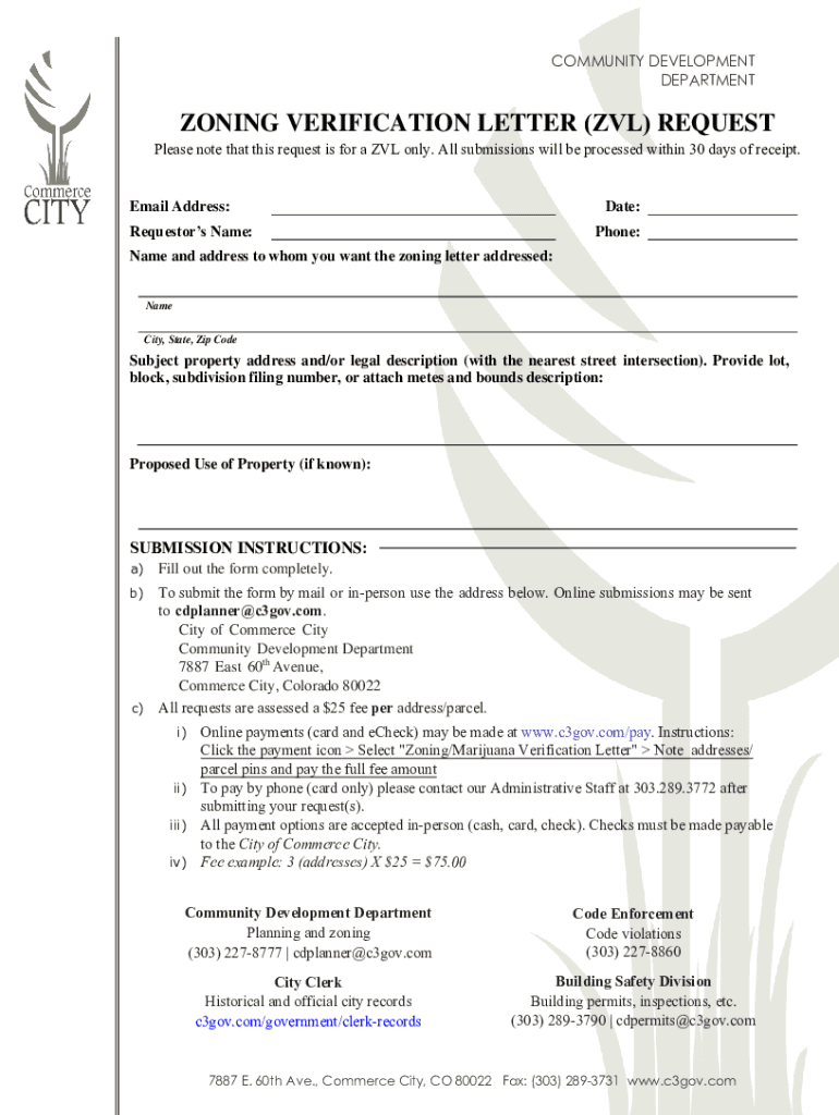 Fillable Online ZONING VERIFICATION LETTER (ZVL) REQUEST Fax Email