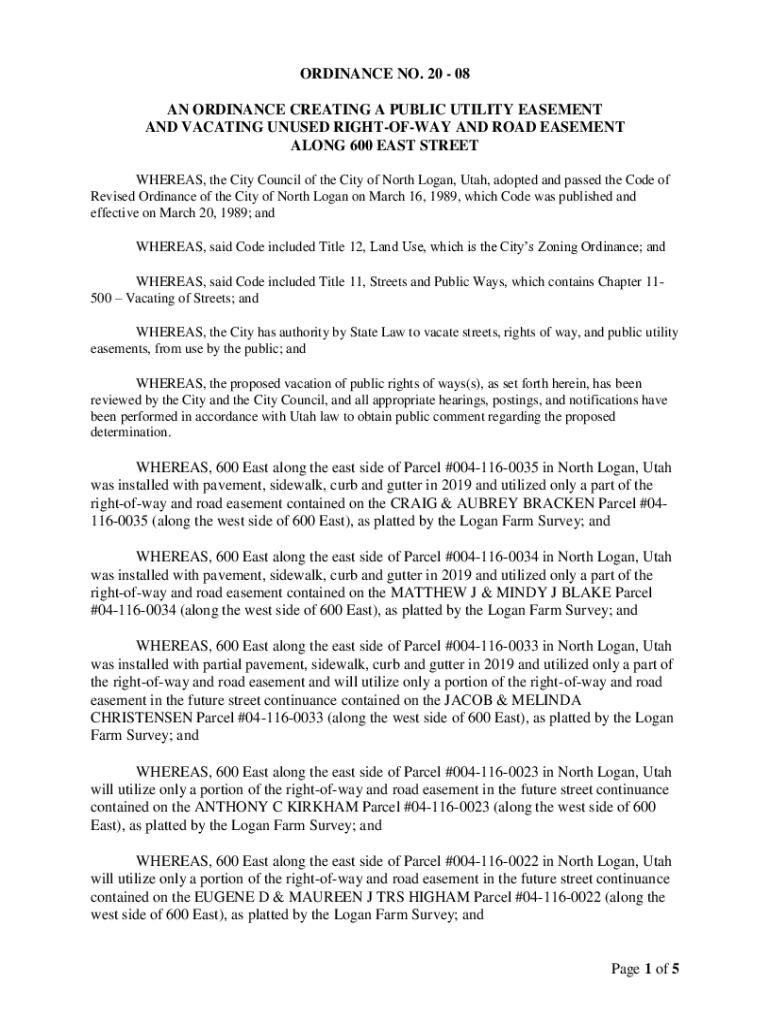 Fillable Online 08 an ordinance creating a public utility easement and