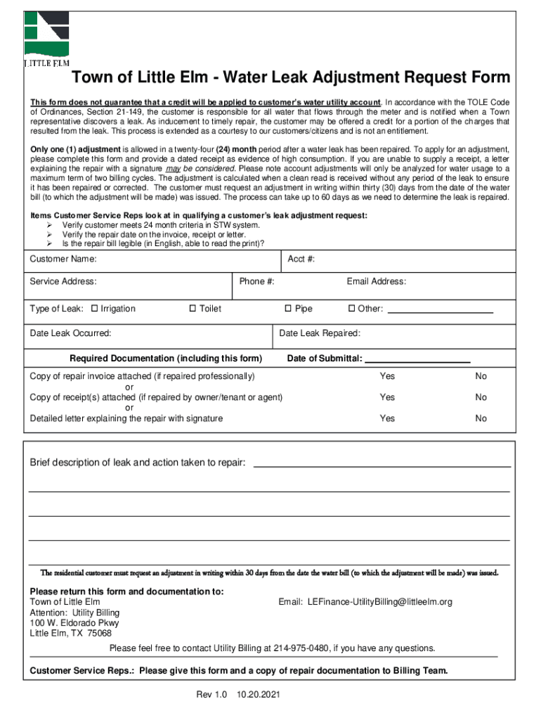 Fillable Online City of Plano CUS - Water Leak Adjustment Request Form
