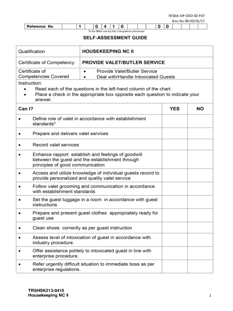 Fillable Online housekeeping nc ii training regulations tourism sector
