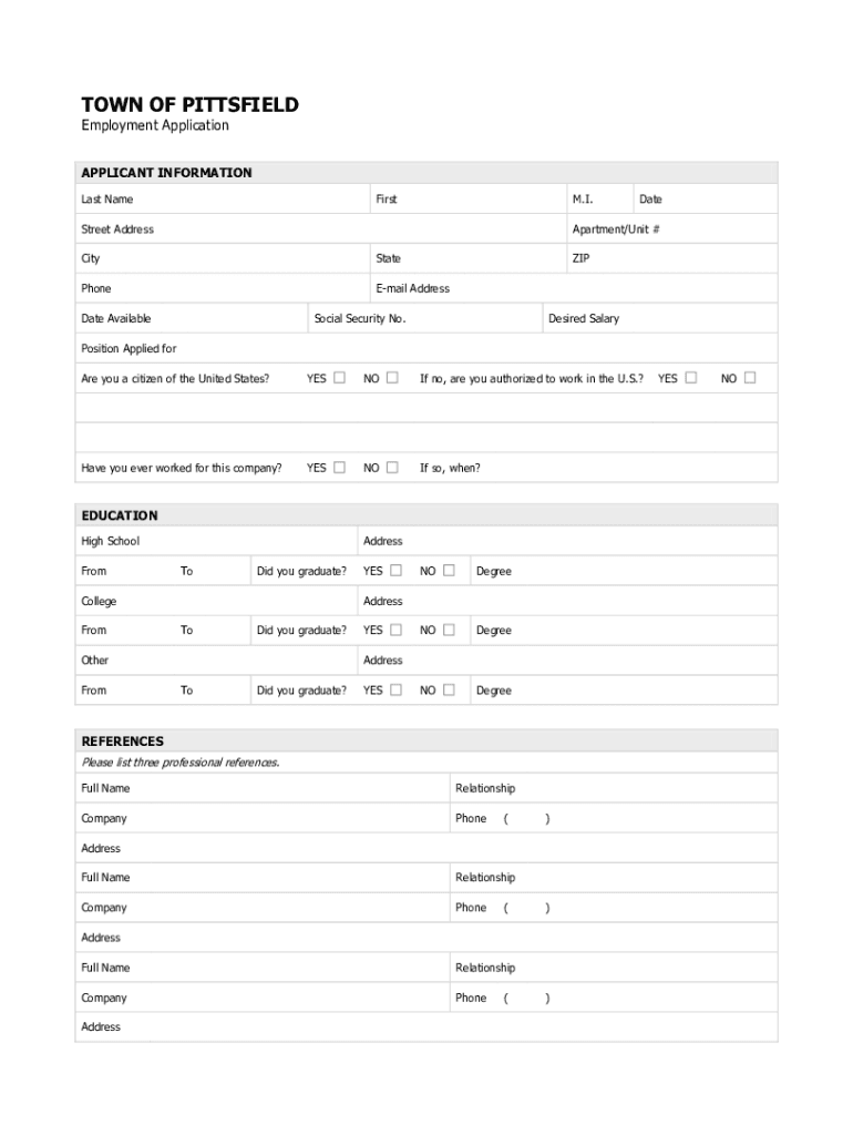 Fillable Online EMPLOYMENT APPLICATION Pittsfield Police Department