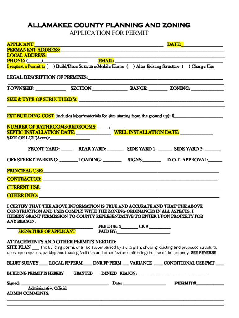 Fillable Online Allamakee County Planning and Zoning Application for