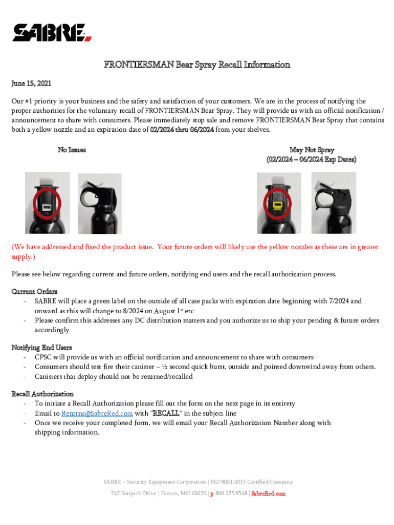 Fillable Online Health Canada recalls multiple bear spray products