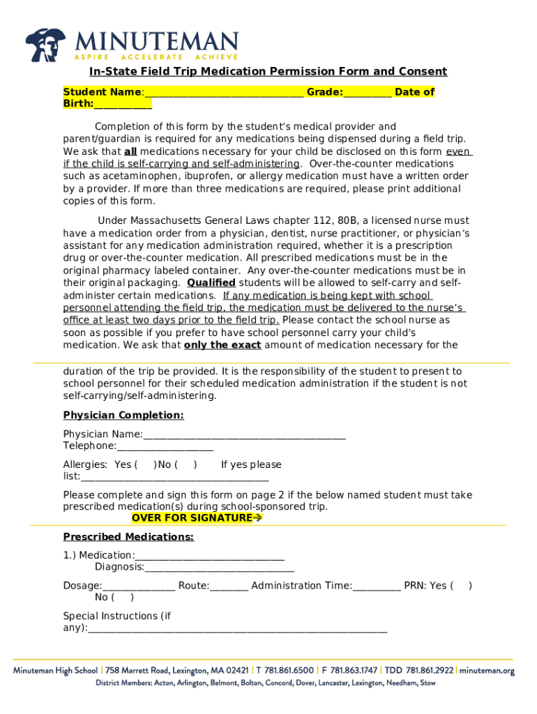 Field Trip Medication Permission and Consent Fenn Doc Template