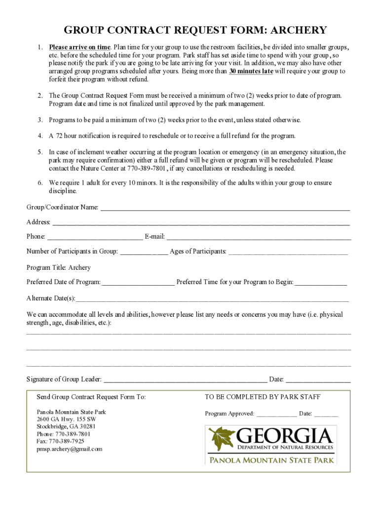 Fillable Online Group Contract Archery State Parks Fax Email