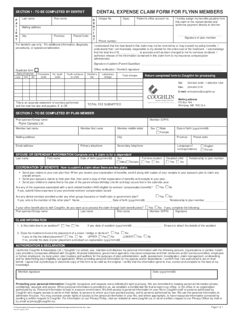 Fillable Online portal coughlin DENTAL EXPENSE CLAIM FORM FOR FLYNN