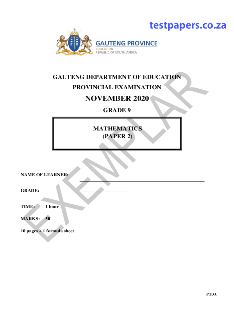 Gauteng Grade 9 Mathematics Exam Paper 2 Blank Fillable Template