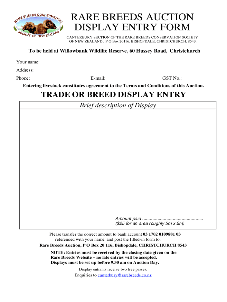 Fillable Online Rare Breeds Auction Display Entries Form Fax Email Print - pdfFiller