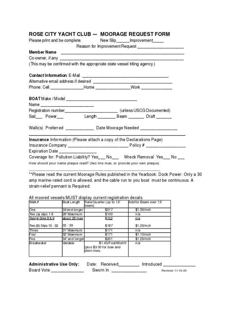 Fillable Online Rose City Yacht ClubMoorage Request Form Fax Email