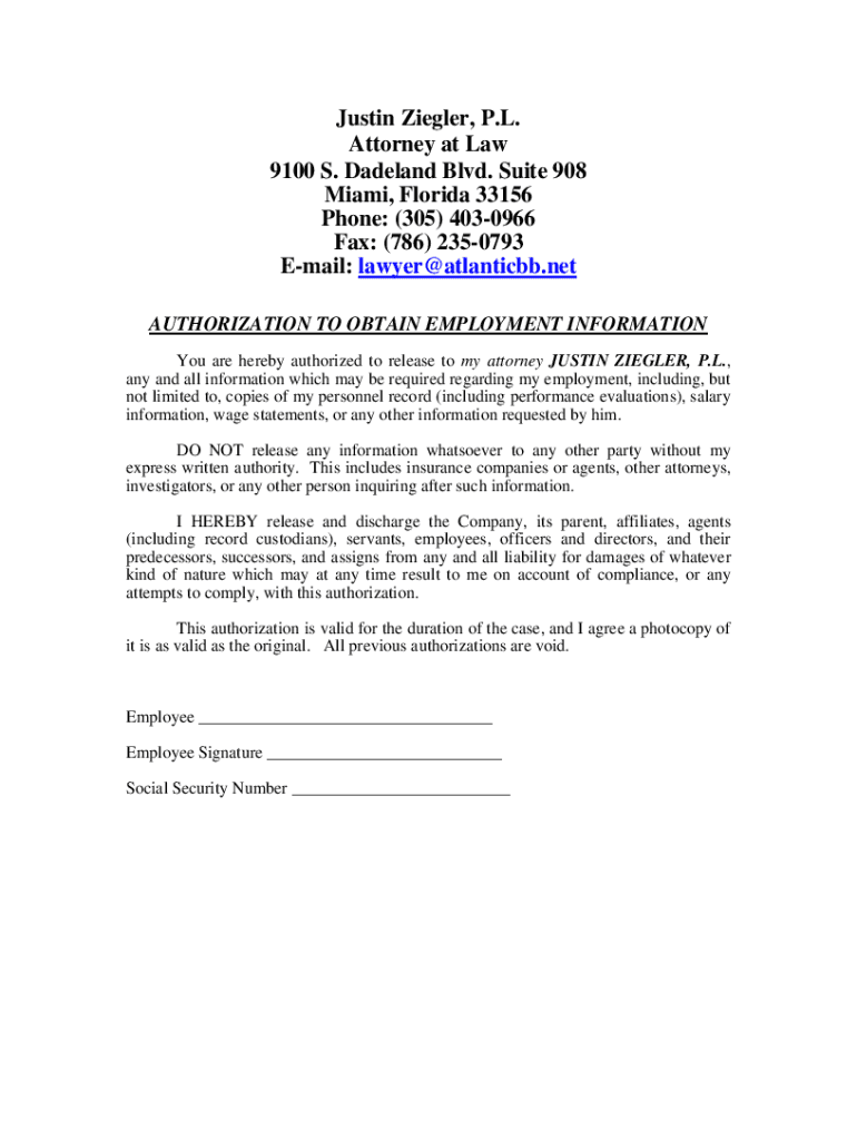 Fillable Online Justin Ziegler, P.L. Attorney at Law 9100 S. Dadeland