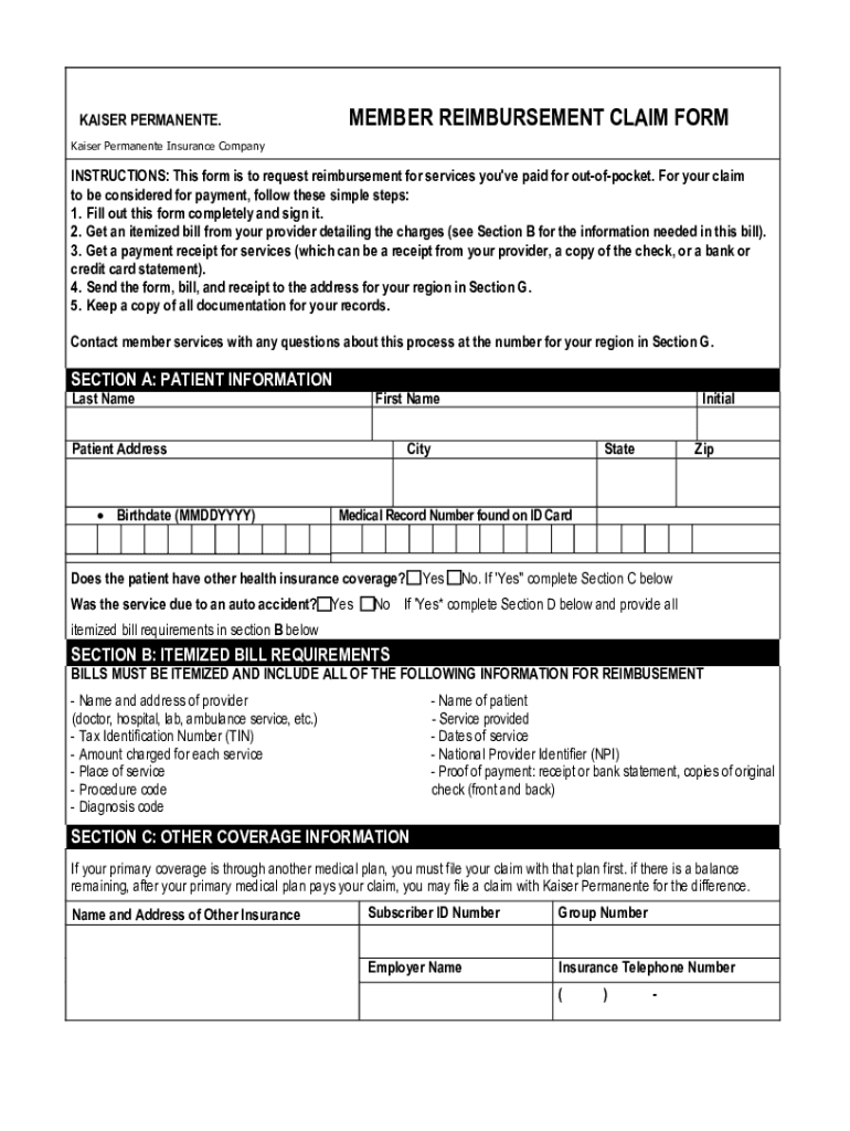 Fillable Online Fillable Medical Claim Form (Kaiser Permanente) Fill