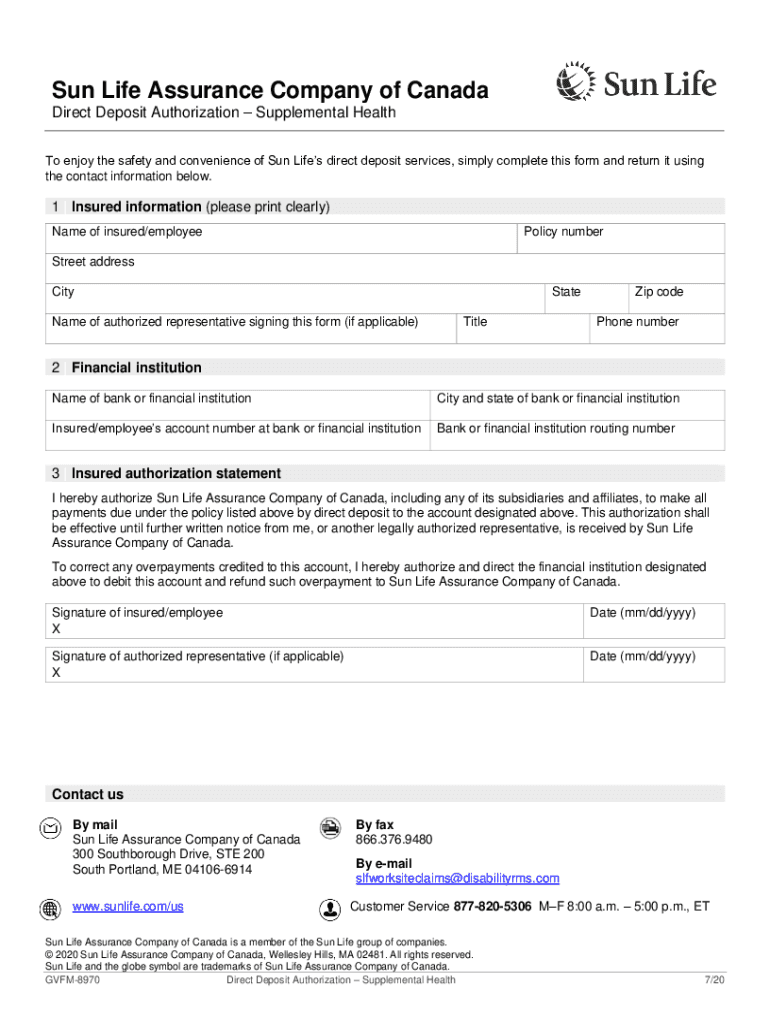 Fillable online direct deposit enrolment form sun life of canada fax