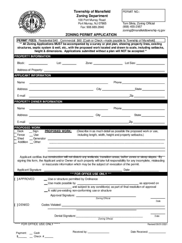 Fillable Online Township of Mansfield Zoning Department Fax Email Print