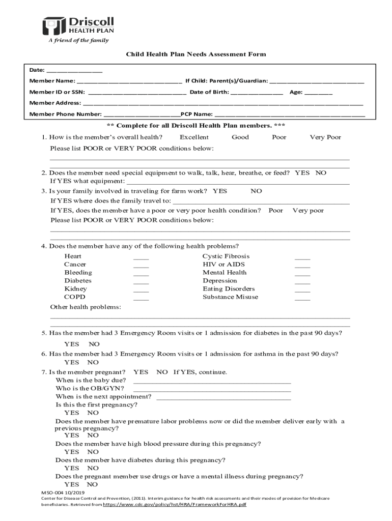 Completable En línea Child Health Plan Needs Assessment Form Fax Email