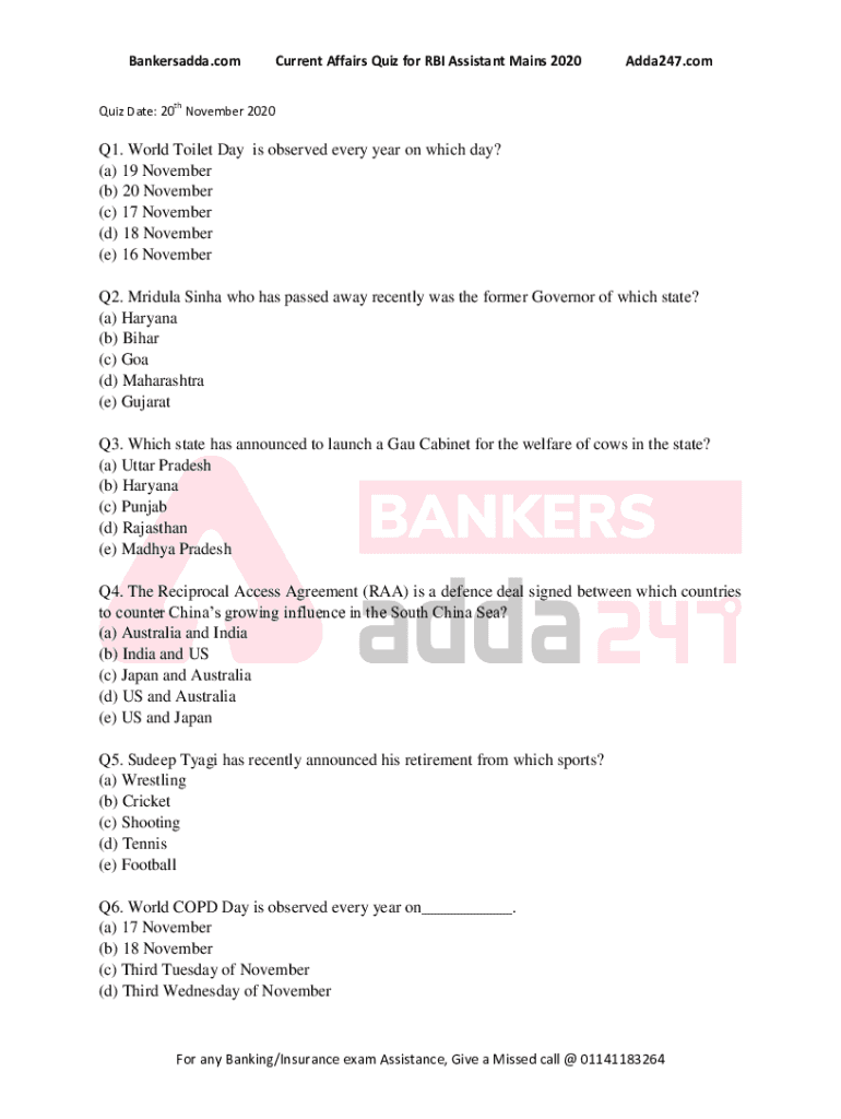 Fillable Online Q1. World Toilet Day is observed every year on