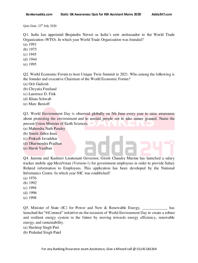 Fillable Online Q1. India has appointed Brajendra Navnit as