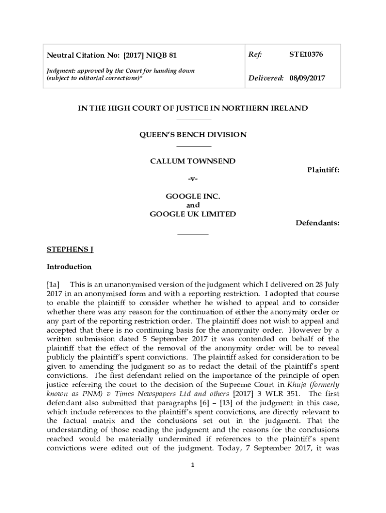 Fillable Online Townsend v Google Inc. and Google UK Limited 5RB