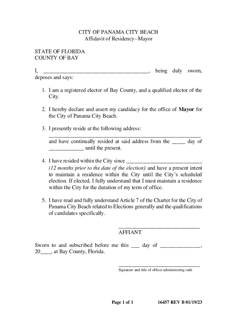 Fillable Online CITY OF PANAMA CITY BEACH Affidavit of Residency Fax