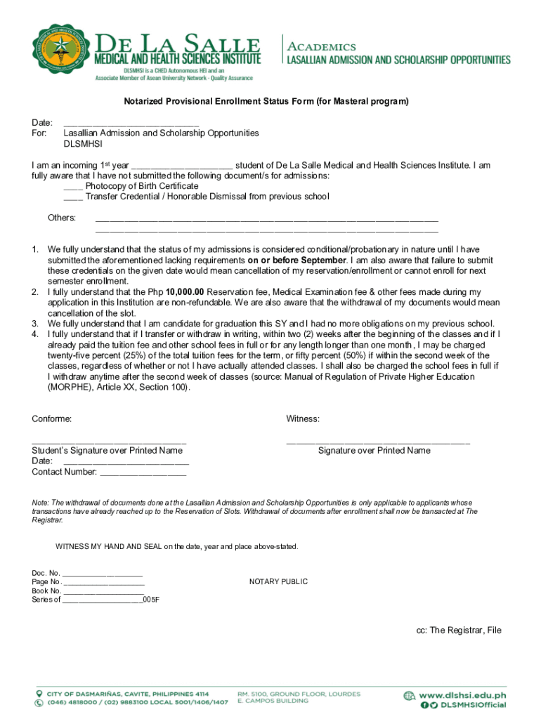 Fillable Online Notarized Provisional Enrollment Status Form (for