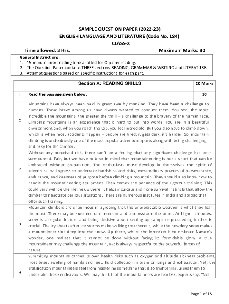 Fillable Online CBSE English Sample Paper Class 10 202223 with