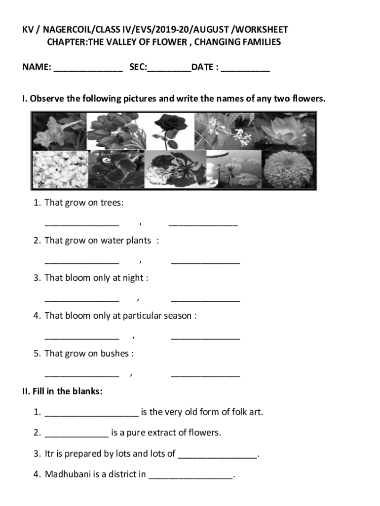 Fillable Online Class 4 EVS Chapter 11 I The Valley of Flowers Worksheet I Fax Email Print