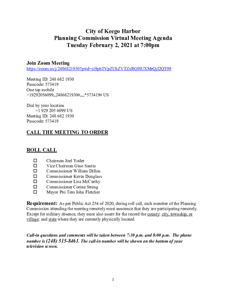 Fillable Online The Keego Harbor Planning Commission meets virtual via Zoom for Fax Email