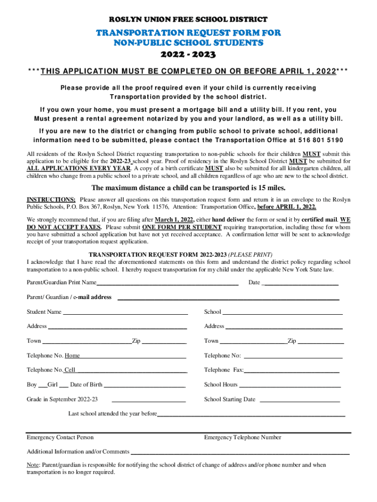 Fillable Online roslyn union free school district transportation request form Fax Email