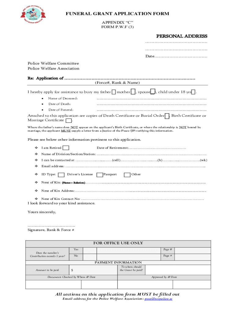 Fillable Online funeral grant application form Police Welfare