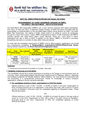 Fillable Online REQUIREMENT OF CHIEF ENGINEER (DESIGN) IN DMRC ... Fax ...