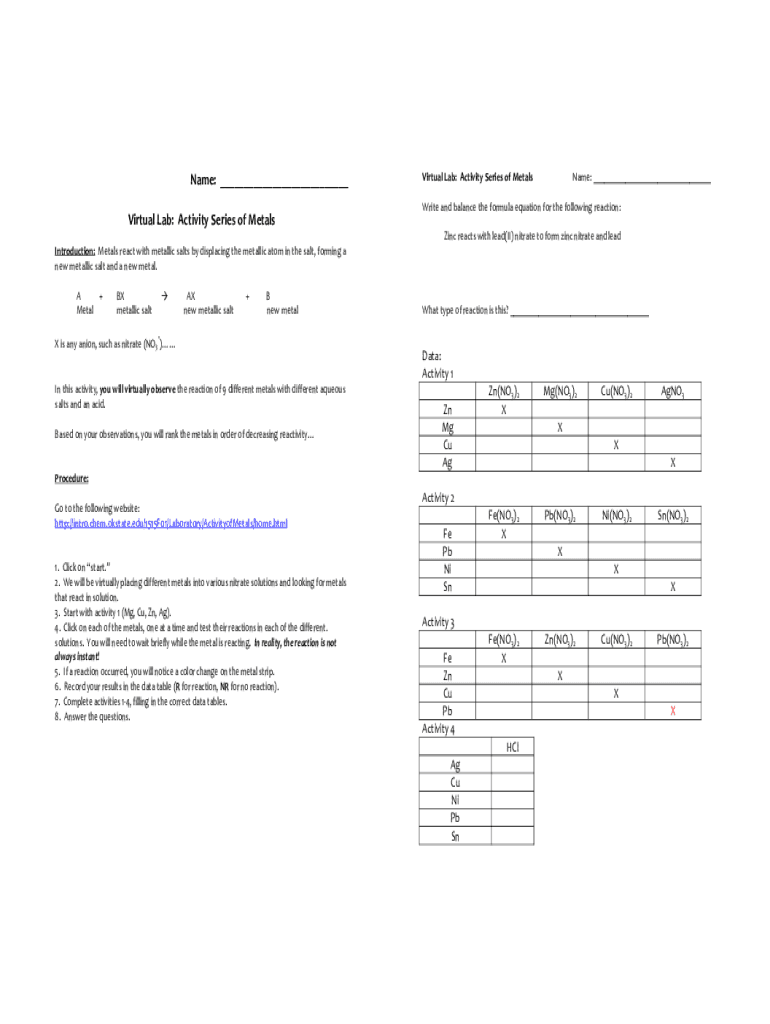 Fillable Online activity series lab chem 1.pdf Activities of Metals