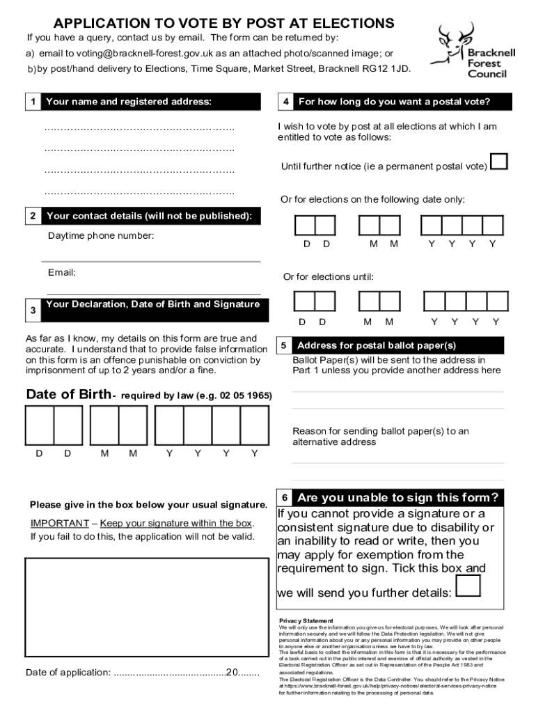 Fillable Online Postal Vote Application Form Bracknell Forest Council Fax Email Print pdfFiller