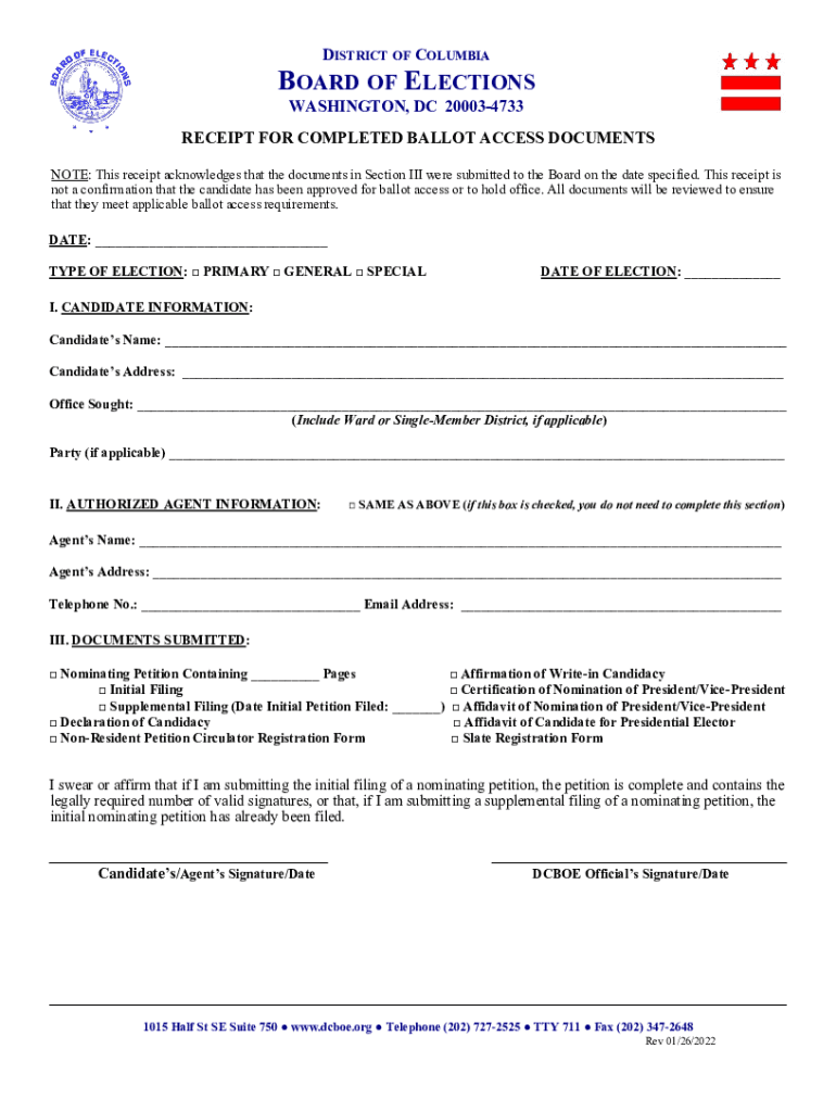 Fillable Online Ballot Access Checklist and Receipt DC Board of