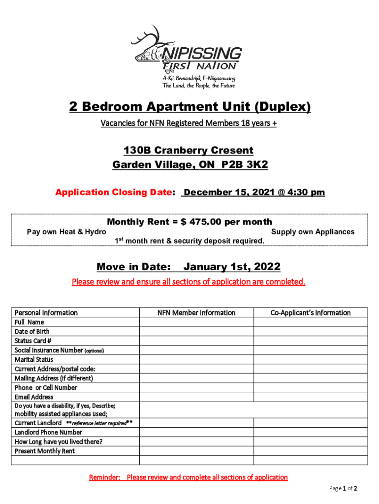 Fillable Online 2 Bedroom Apartment Unit (Duplex) Nipissing First