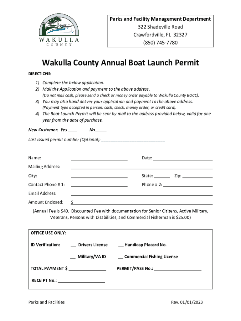 Fillable Online Annual Boat Launch Permit Application Wakulla County
