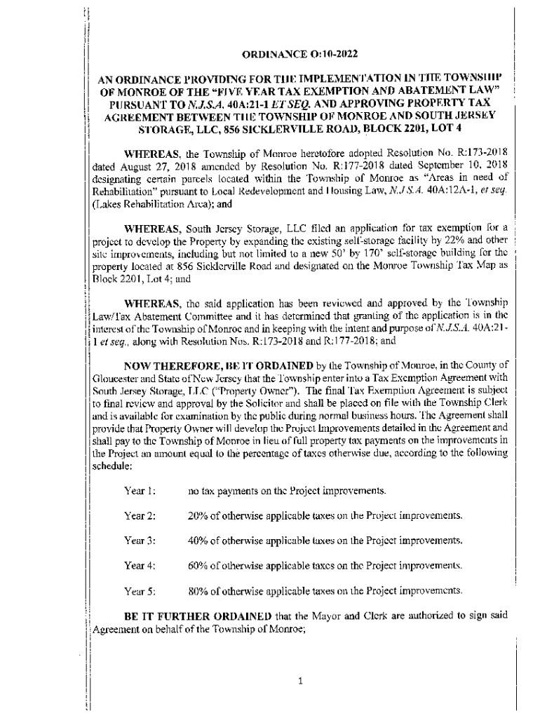 Fillable Online ORDINANCE PROVIDING FOR FIVE YEAR TAX ABATEMENT