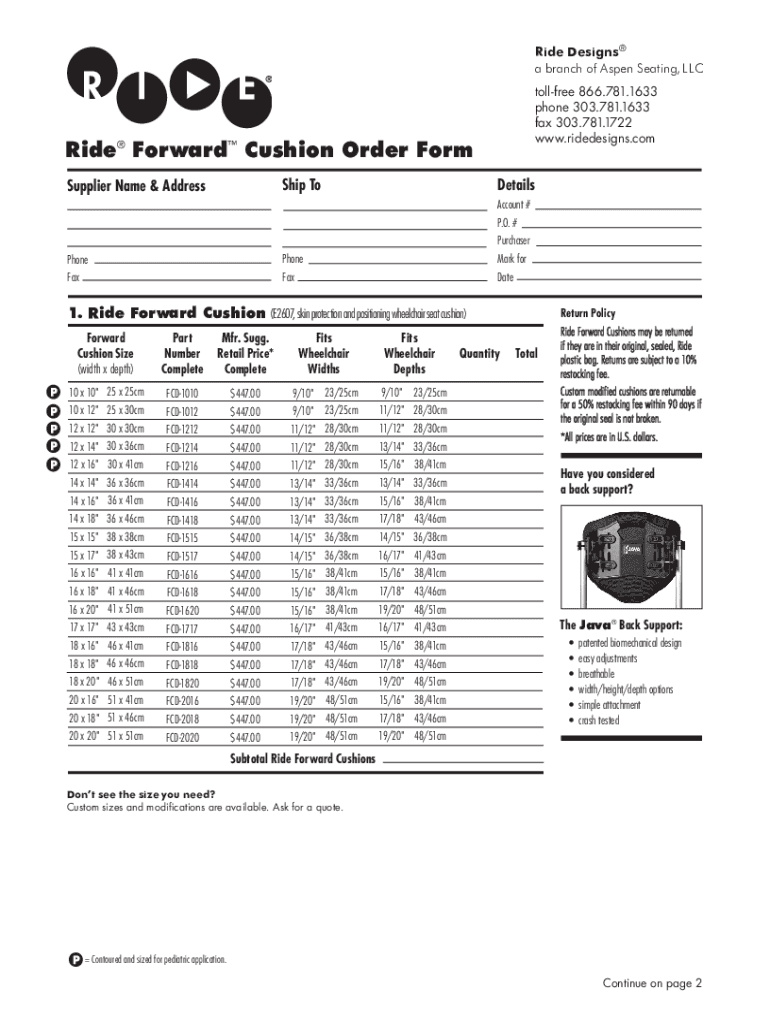Fillable Online Ride Java Cushion Order Form Fax Email Print pdfFiller