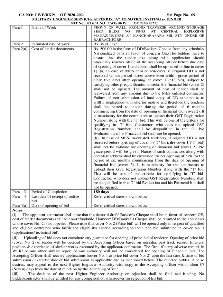 Fillable Online Para 2(a) Cost of tender documents Fax Email Print