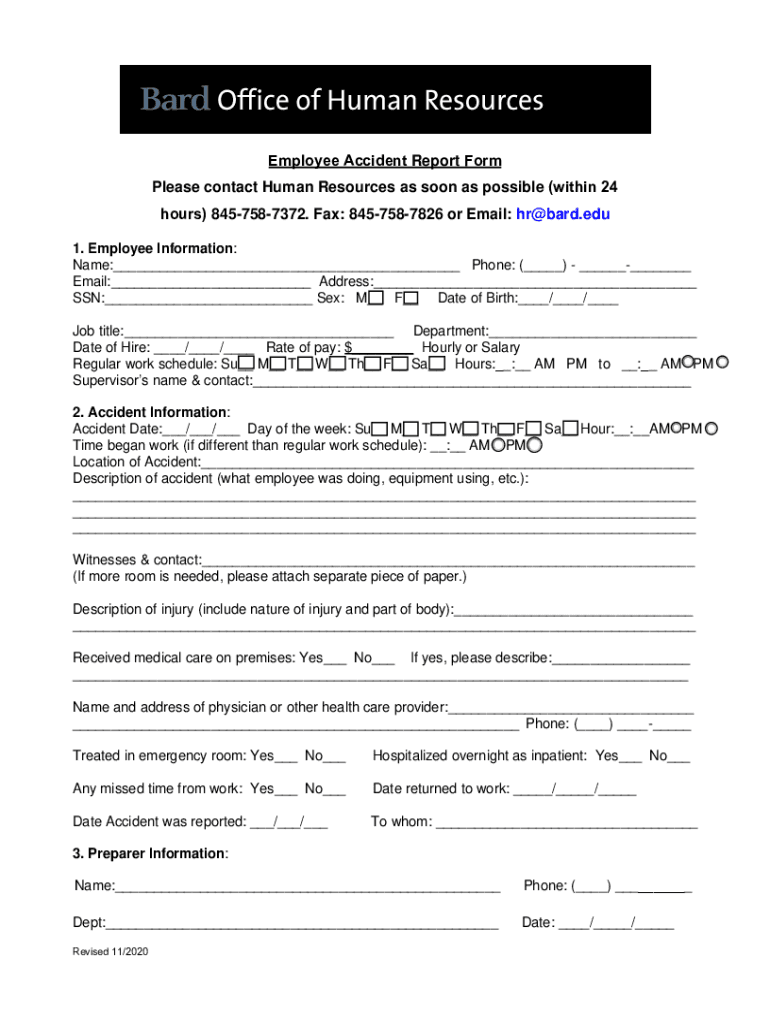Fillable Online Employee Accident Report Form Please contact Human ...