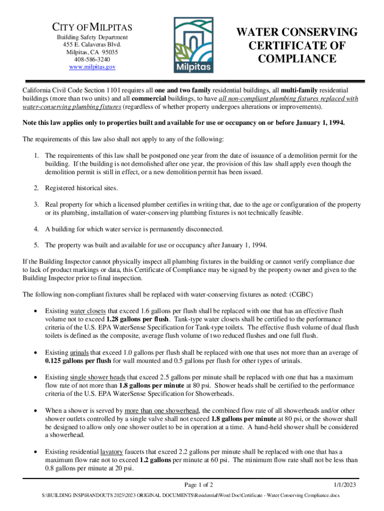 Fillable Online Water Conserving Certificate of Compliance City of