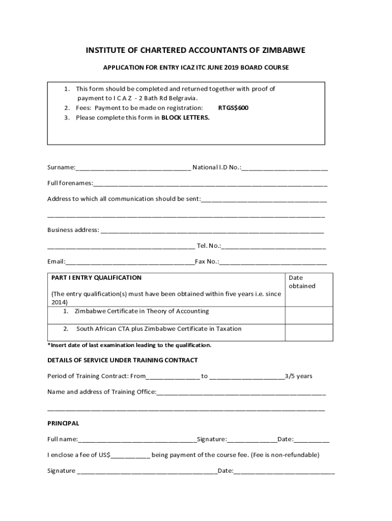 Fillable Online institute of chartered accountants of zimbabwe ICAZ