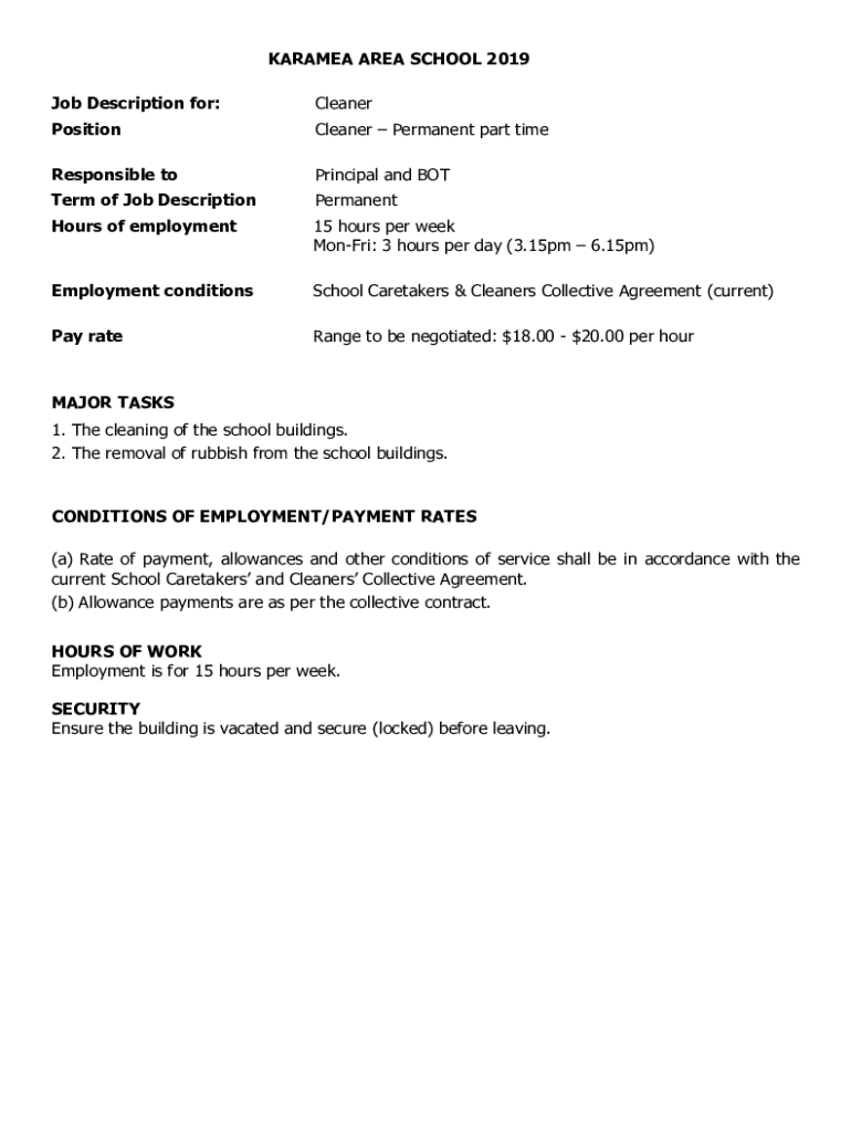 Fillable Online KARAMEA AREA SCHOOL 2019 Job Description for Cleaner