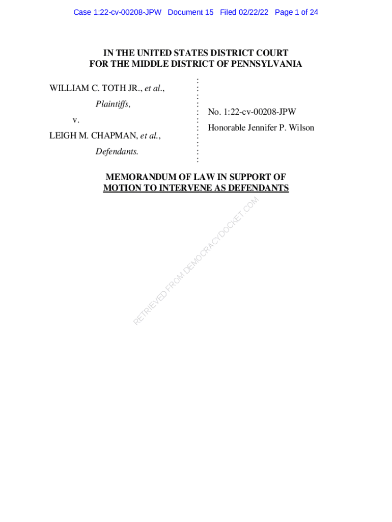 Fillable Online 20220222 Toth v. Chapman Mot. Intervene Memo FINAL