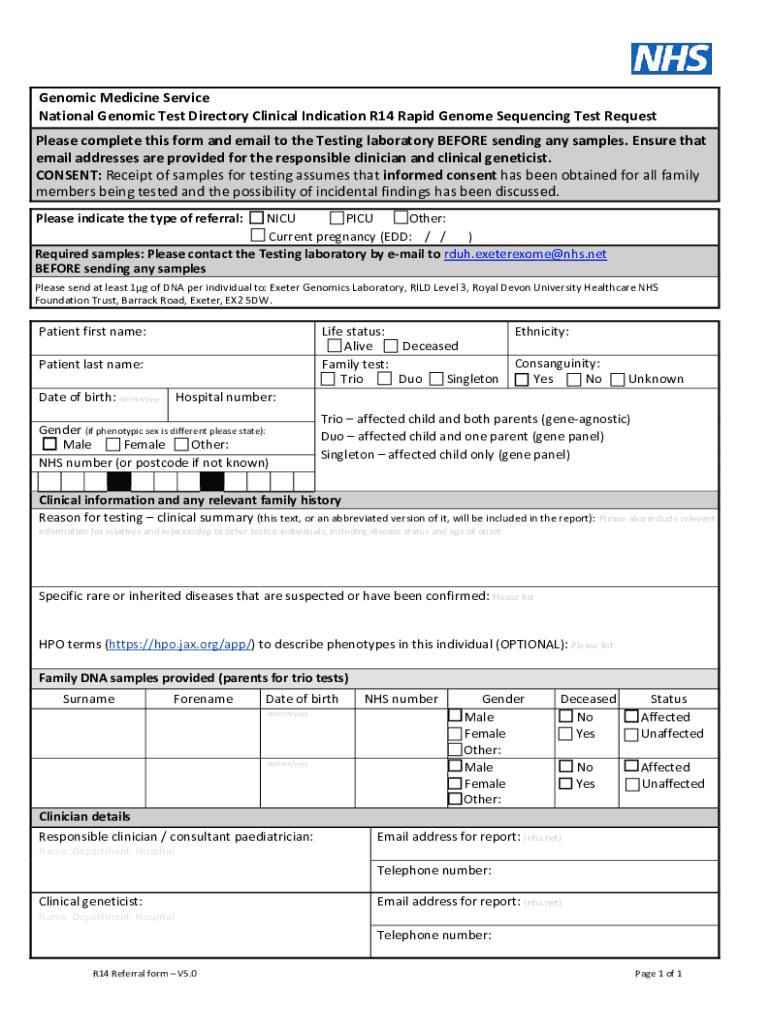 Fillable Online R14 Rapid Genome Sequencing Test Request Fax Email ...