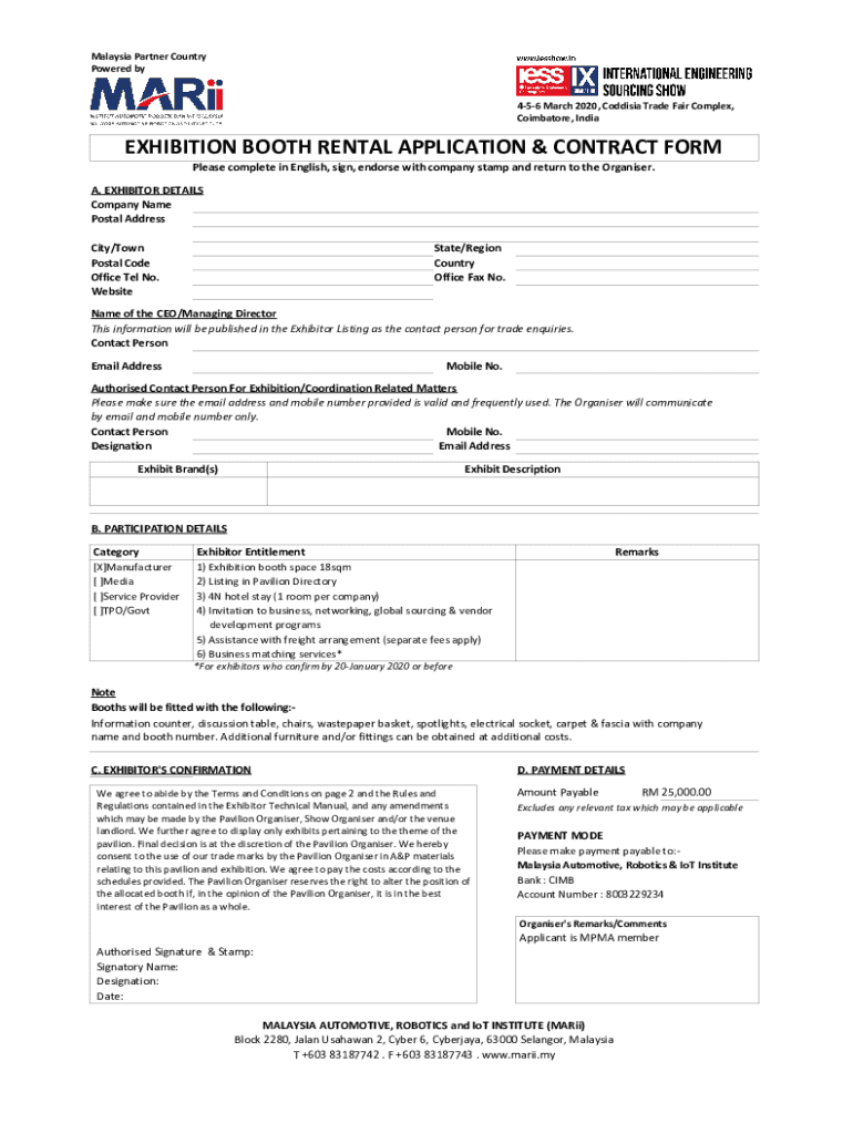 Fillable Online mpma org EXHIBITION BOOTH RENTAL APPLICATION & CONTRACT