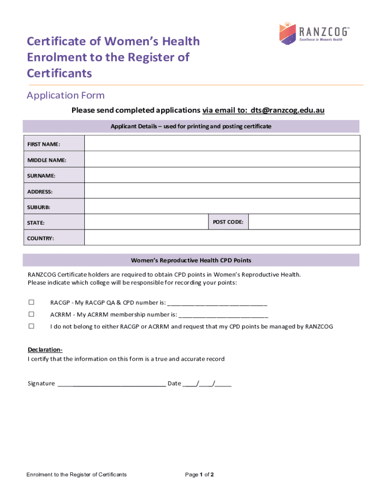 Fillable Online ranzcog edu Certificate of Women's Health Training
