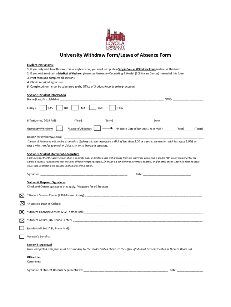 Fillable Online University Withdraw Form/Leave of Absence Form Fax