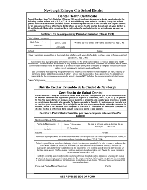 Dental Health Certificate Form - Red Hook Central Schools