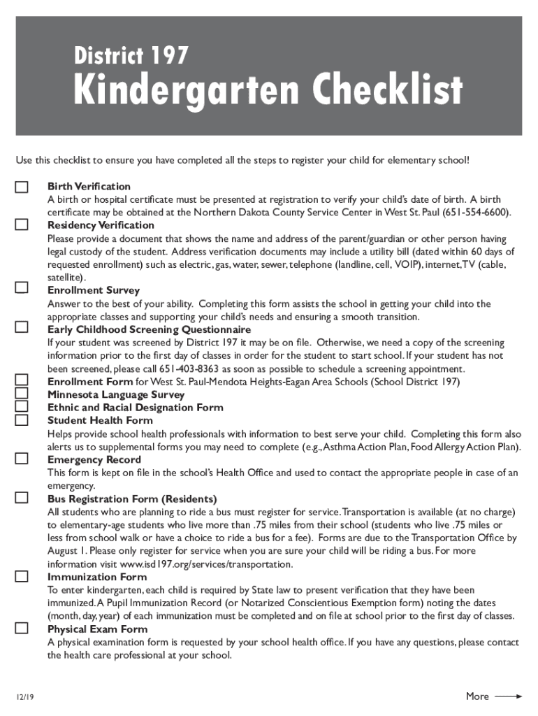 Completable En línea District 197 Kindergarten Checklist Fax Email